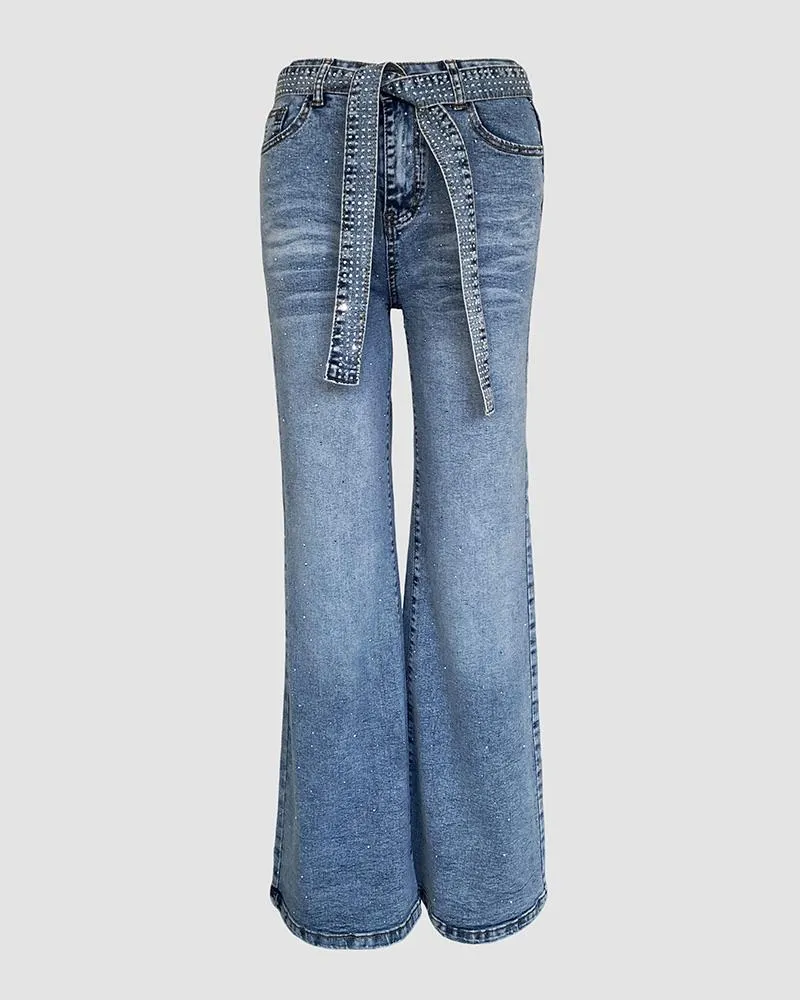 Women's Allover Rhinestone Decor High Waist Zipper Fly Jeans Casual Wide Leg Loose Fit Denim Pants