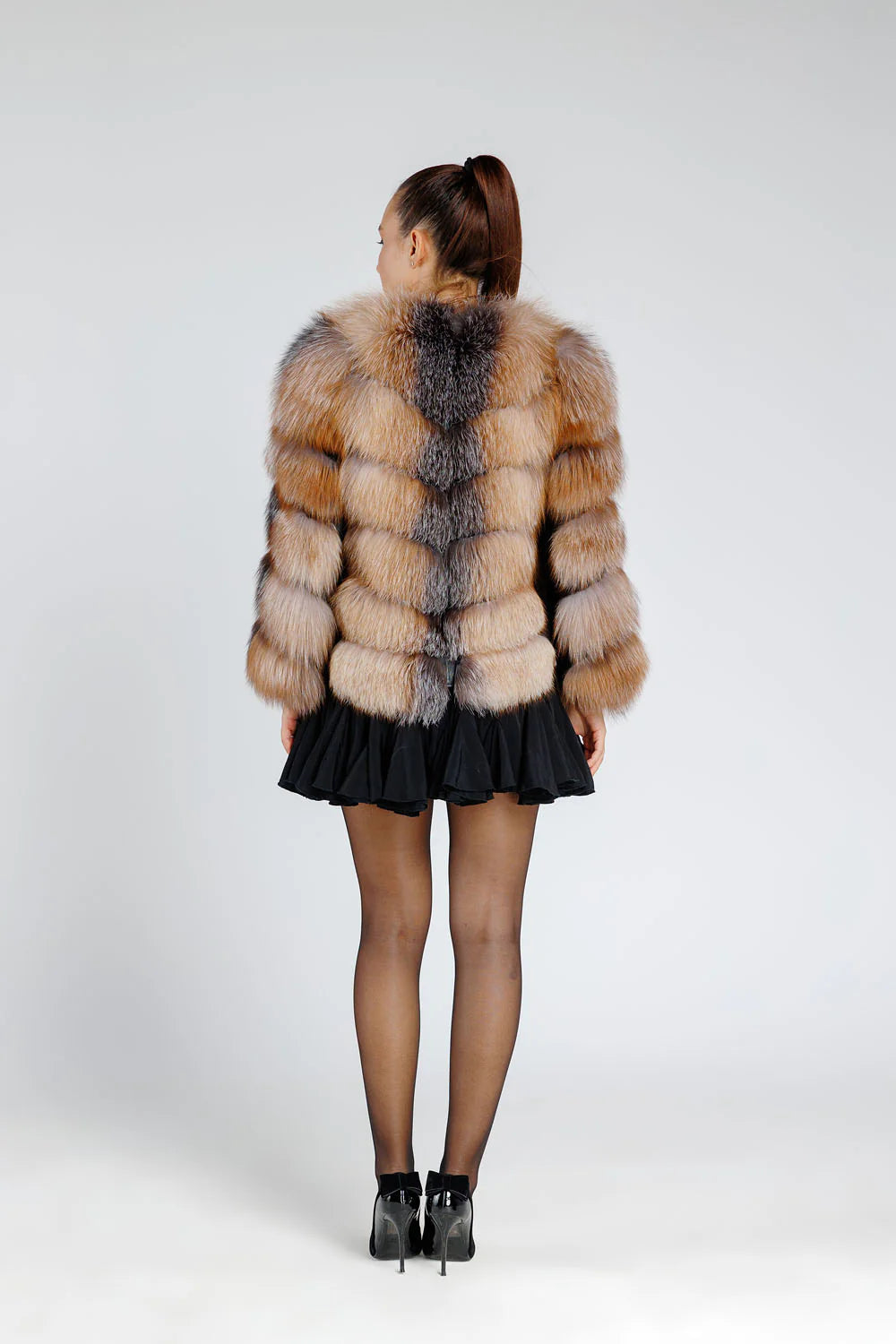 Haină din Blană Naturală de Vulpe Argintie, cu Mâneci Detașabile, Femei, Brown Frost 375