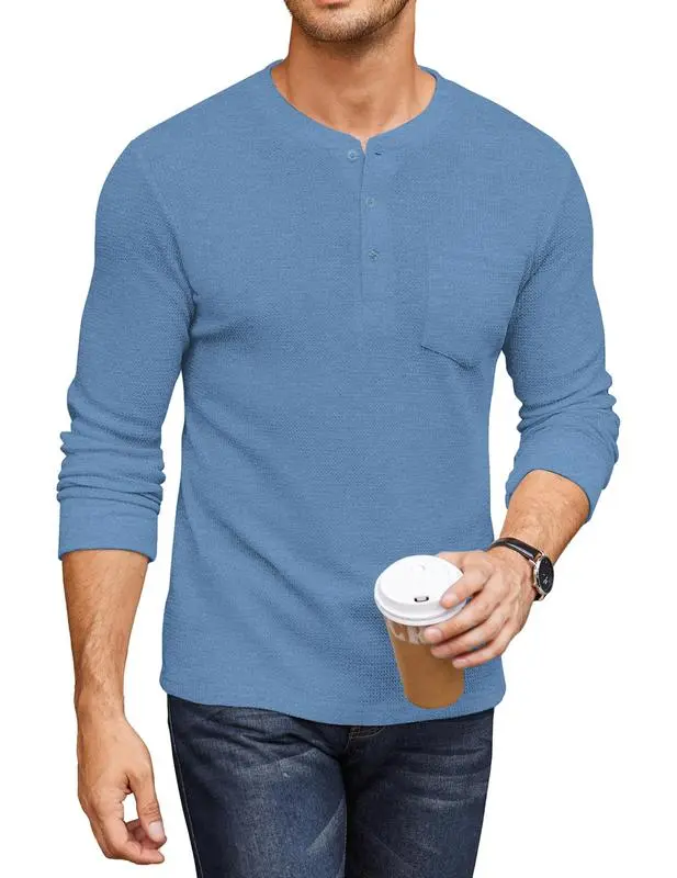 Men's Waffle Henley Long Sleeve Pocket Tee