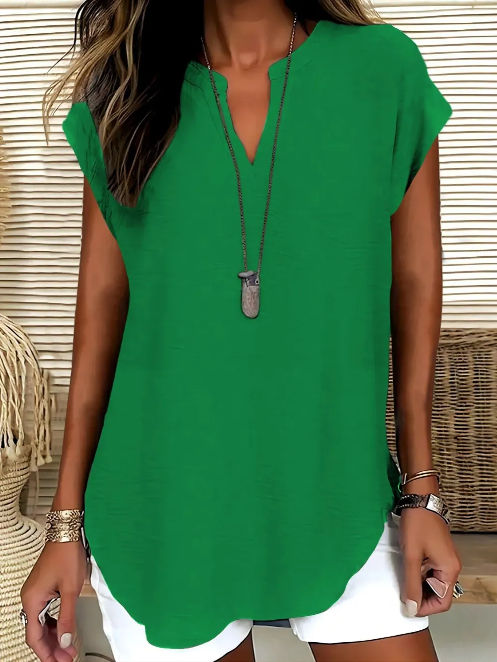 Women's Plain Notched Neck Blouse, Casual Elegant Basic Top for Summer
