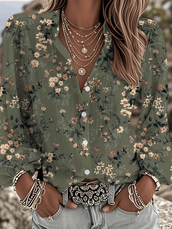Women's Vintage Western Floral Print Lapel Shirt