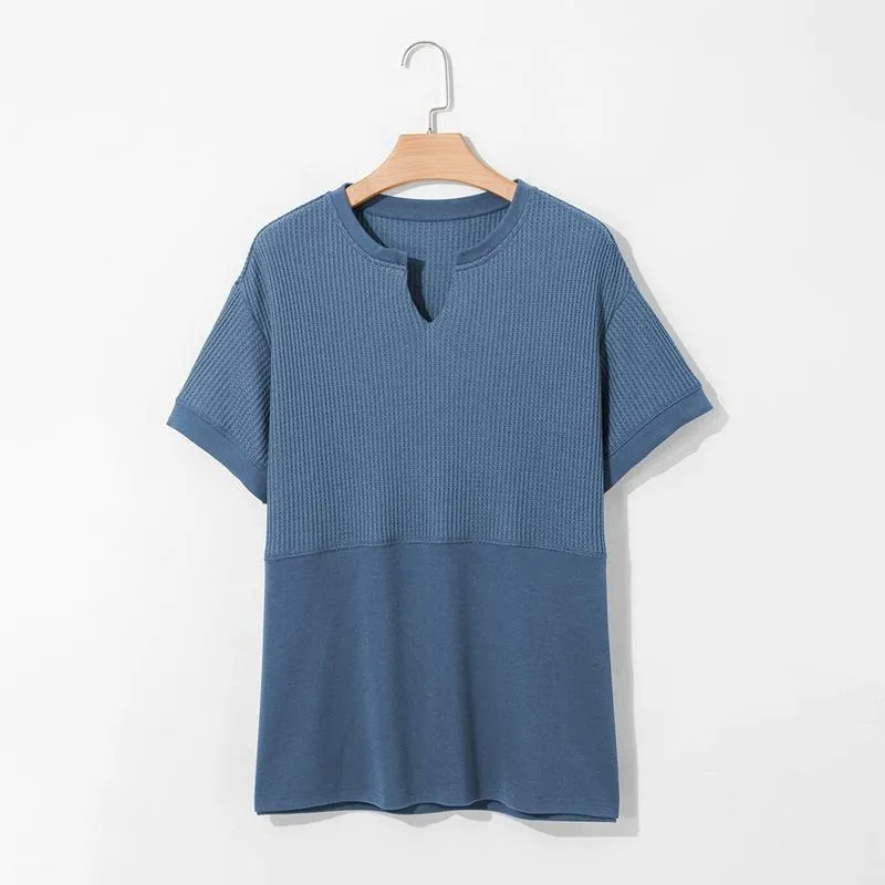 2026 Spring/Summer Cozy Oversized Waffle Knit V-Neck Top Women's Short Sleeve Pullover
