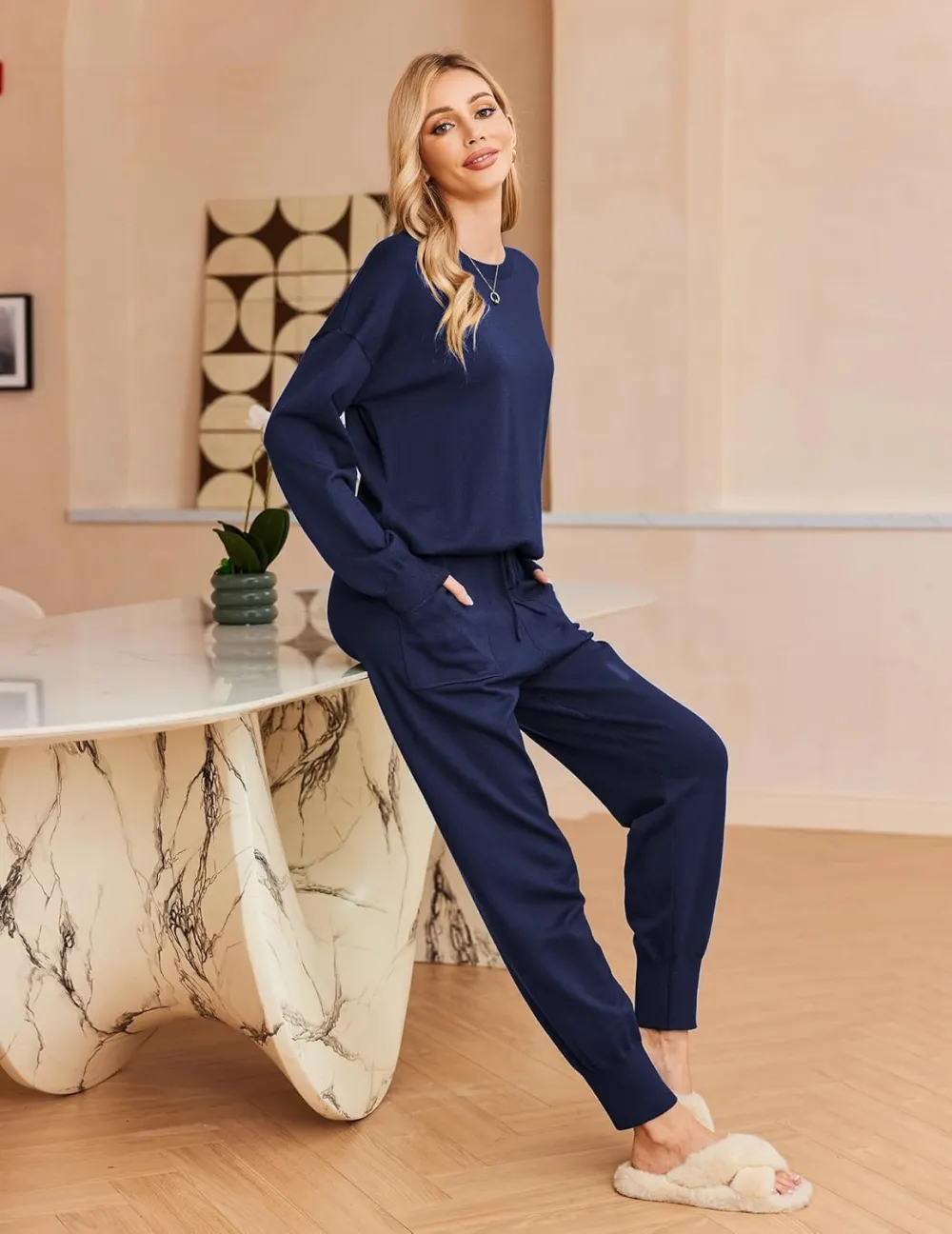 Women's Long Sleeve Knit Loungewear Set Jogger Pants Outfit