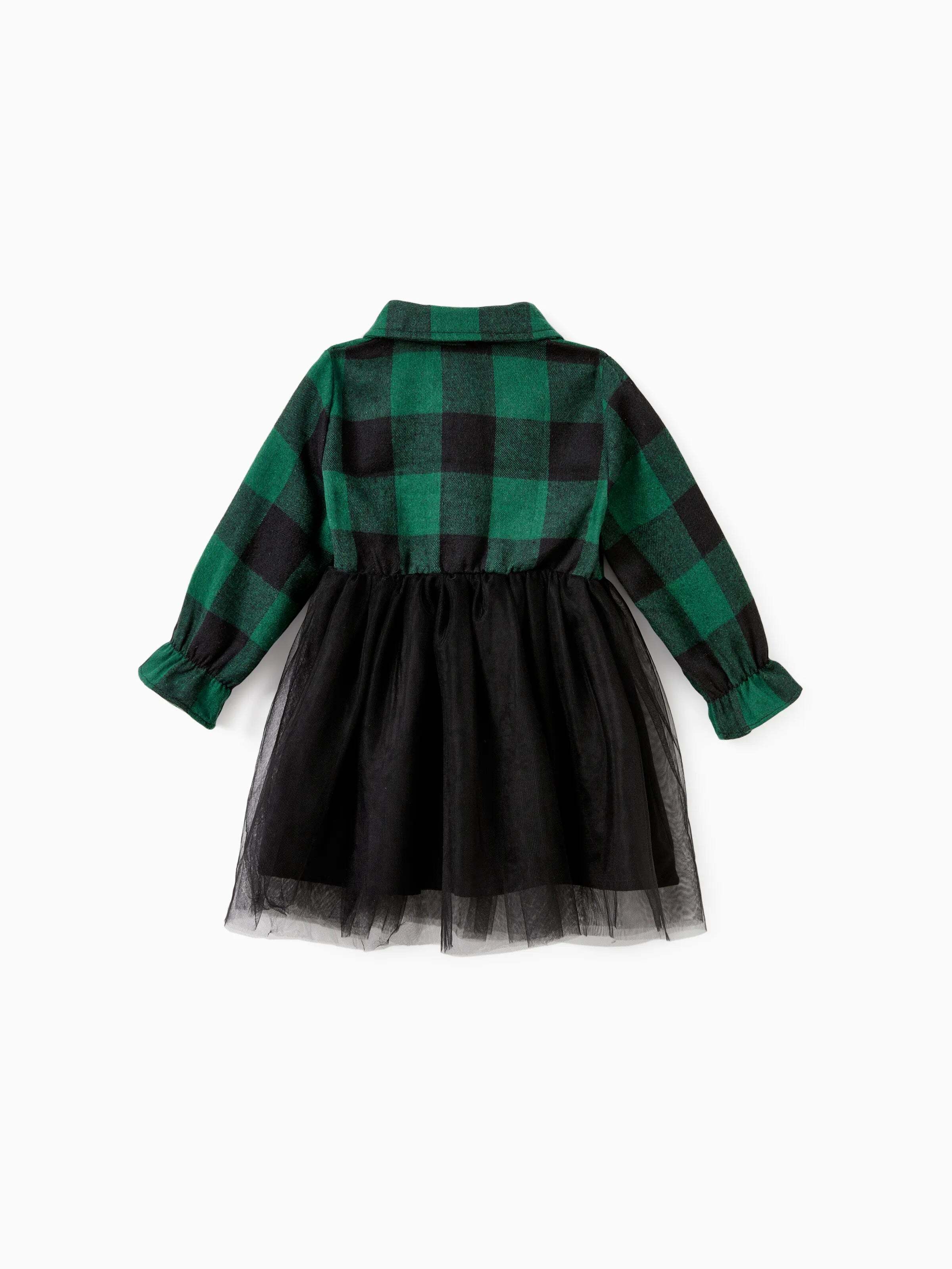 Family Matching Sets Green Plaid Long Sleeves Shirt or Tulle Mesh Dress DarkGreen