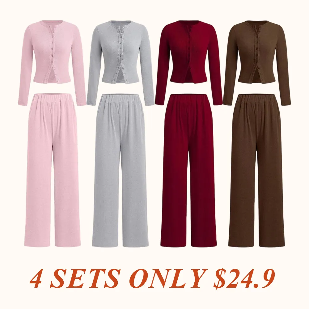 Two-piece Set Women's Solid Button Front Ribbed Crop Top & Elastic Waist Pants