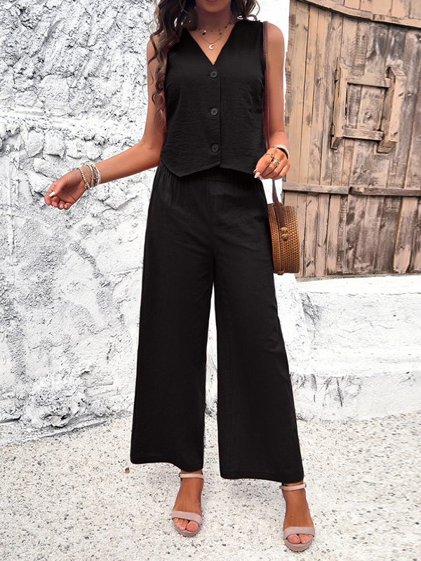 Buttoned Solid Color Loose Sleeveless V-Neck Vest Top + Pockets Elasticity Two Pieces Set