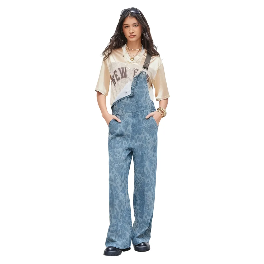Women's Leopard Buckle Oversized Denim Wide Leg Jumpsuit