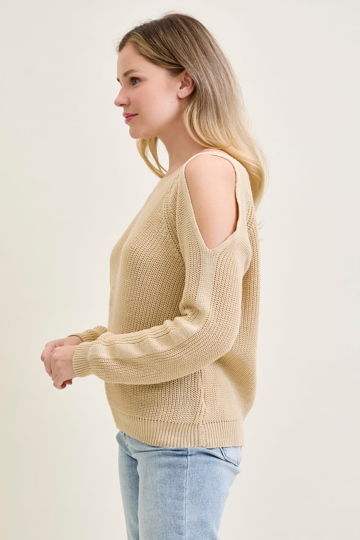 Chevron Stitch Cold Shoulder Beige Sweater