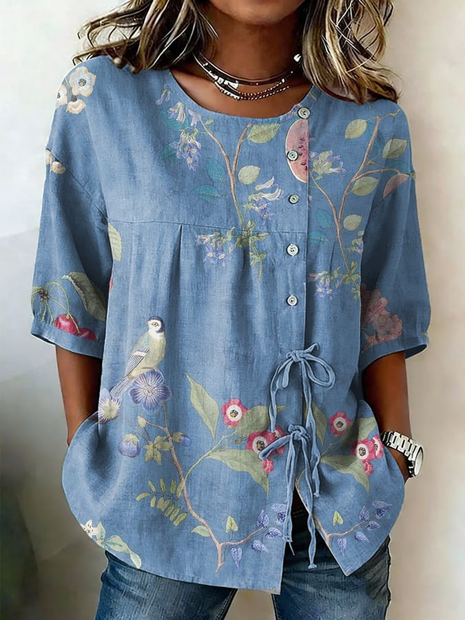 Women's Casual Purple Floral Art-Style Cotton-Linen Shirt- Fast Shipping