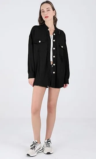 Women's Loose Fit Batwing Sleeve Waffle Knit Button Down Shirt Shacket Tops