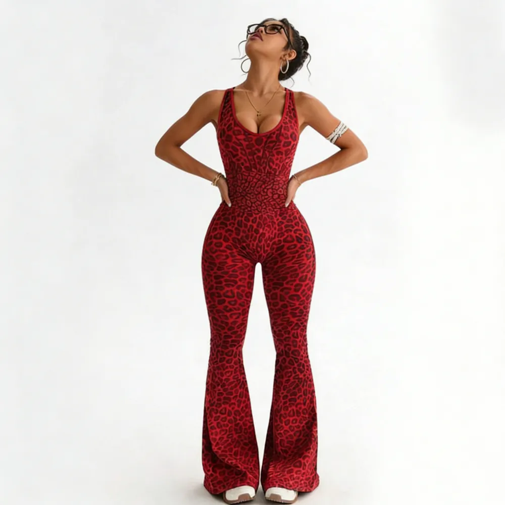 Women's Leopard Print Flared Workout Bodysuit