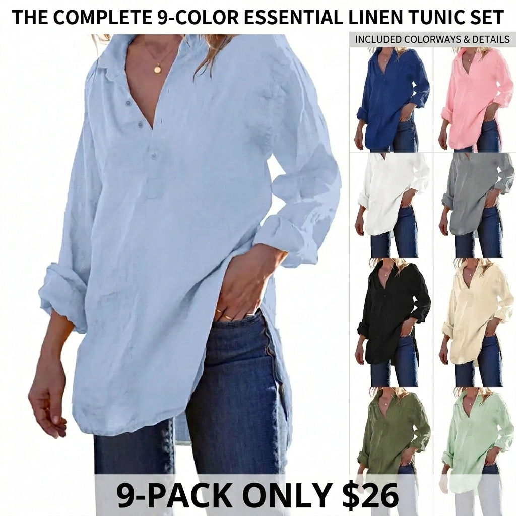 Womens Cotton Linen Tunic Shirts Button Down Long Sleeve Blouse Tops Beach Cover Up