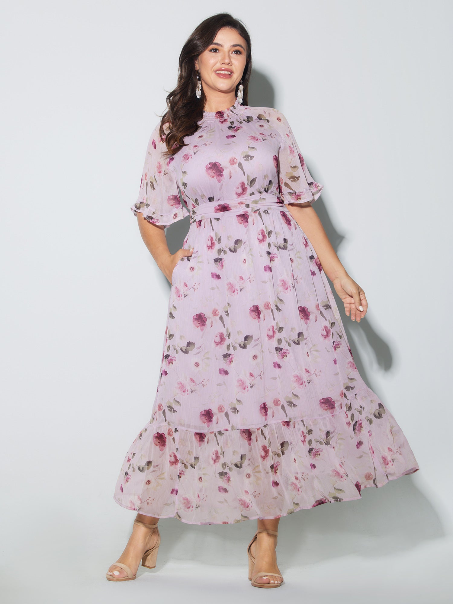 Floral Print Pockets Shirred Mock Neck Maxi Dress