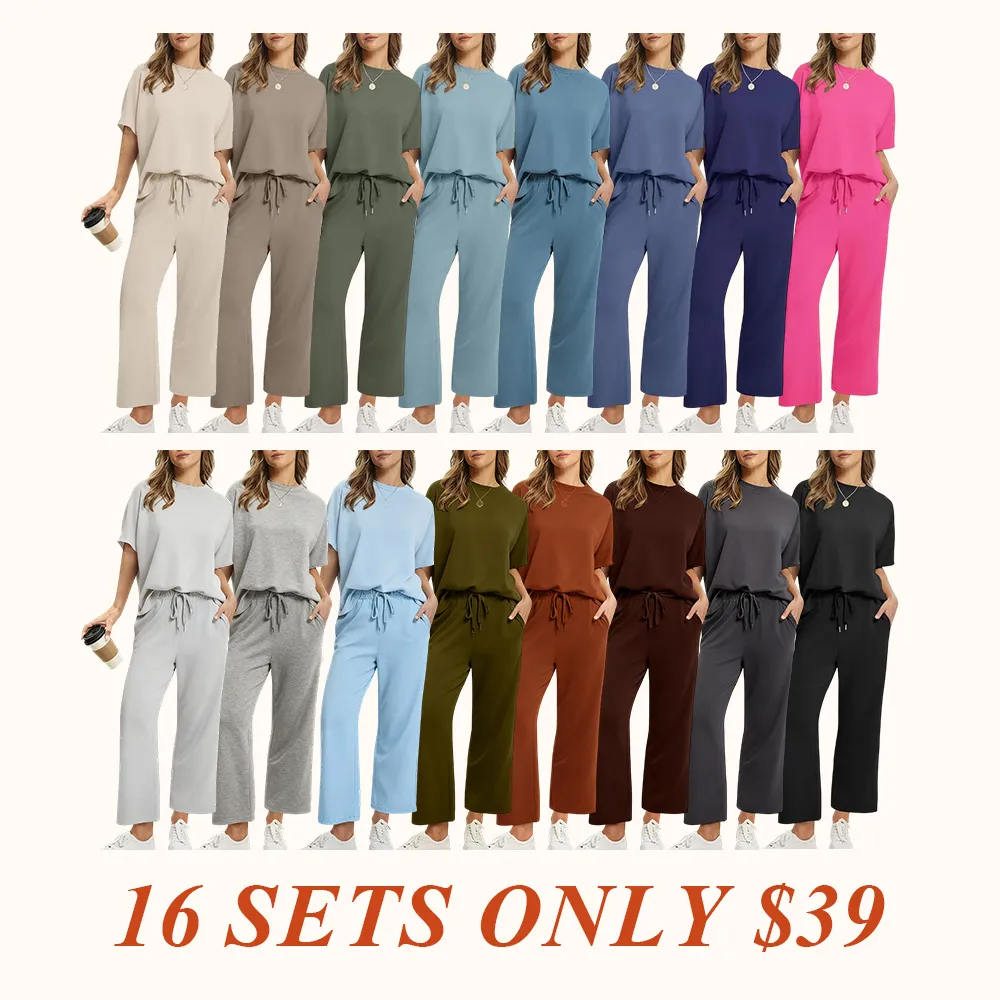 Two Piece Sets for Women Summer Outfits Oversized Wide Leg Crop Pants Lounge Sets