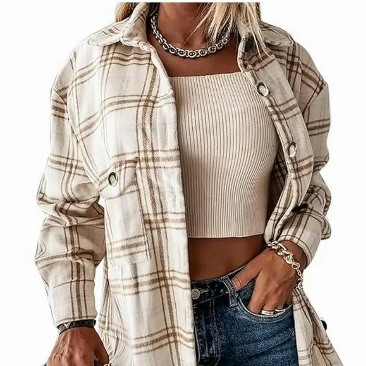 Womens Plus Size Shacket Jacket Flannel Plaid Long Sleeve