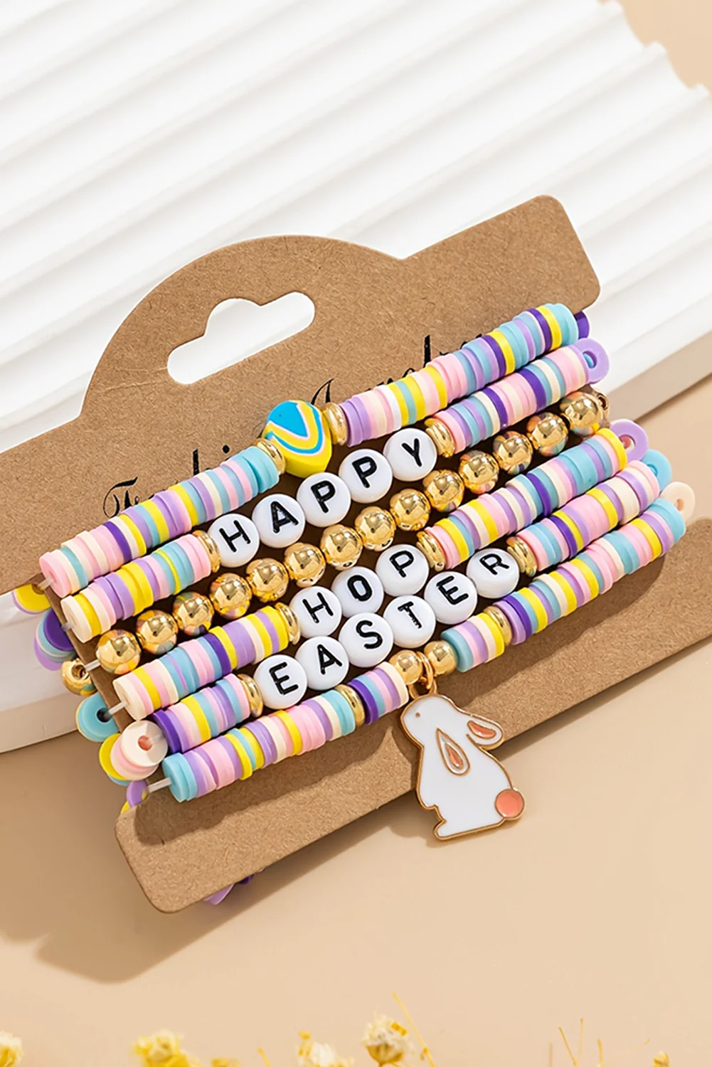Gold Happy Easter Letter Beaded Elastic Multi Layer Bracelet