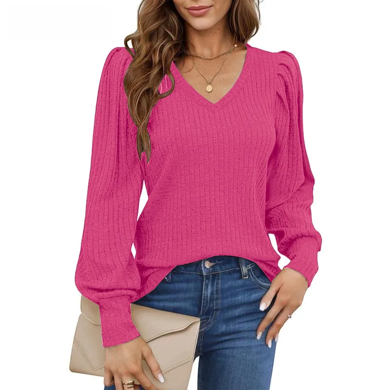 Women's Knit Shirt Soft Puff Long Sleeve Blouse Tops