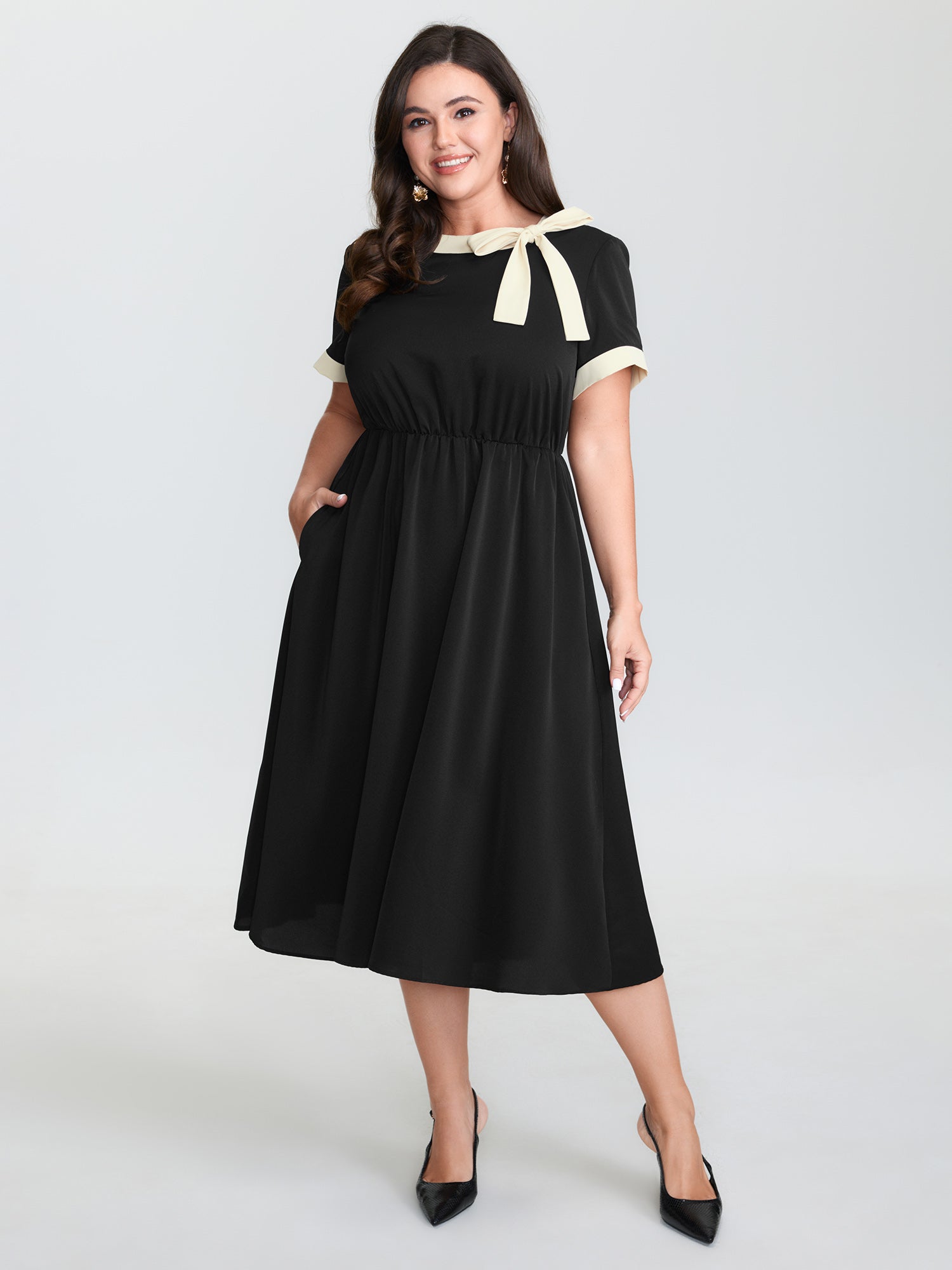 Bow Neckline Stretchy Waist Midi Dress
