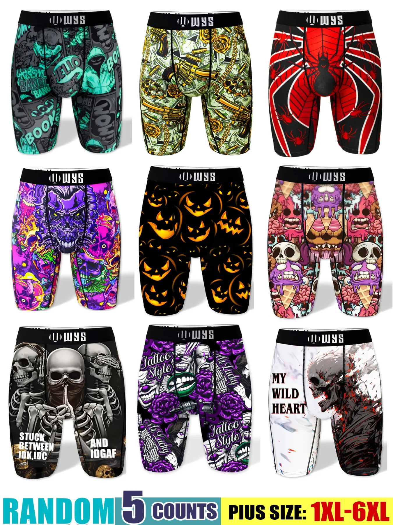 Random 5-Piece Set Plus Size Men's Long Thong Underwear, Breathable Sport Briefs, Quick-Dry