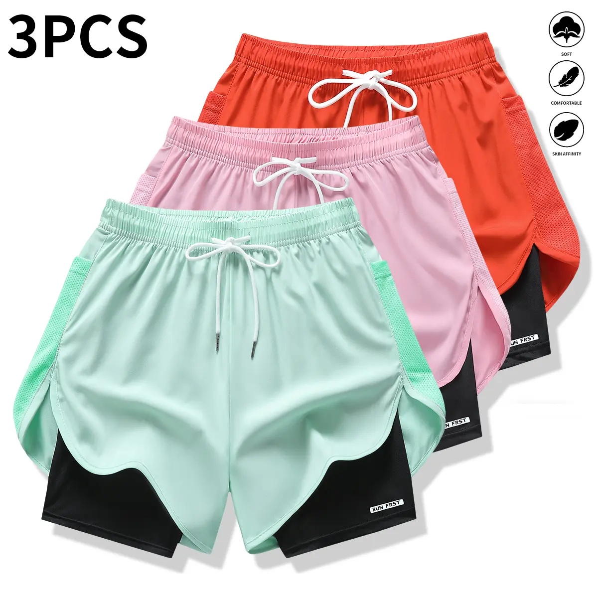 Pack of 3 women’s casual athletic pants, faux two-piece design, solid color, with inner lining, elastic drawstring waistband