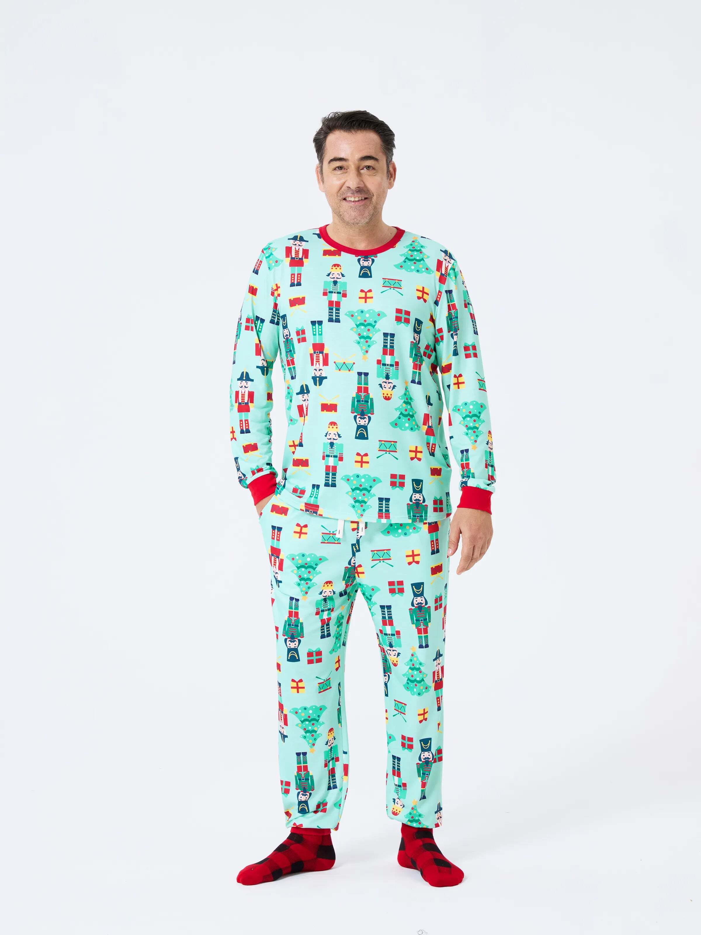 Christmas Matching Family Pajamas Set Soldier and Christmas Tree Print PJS with Christmas Socks Pale Green