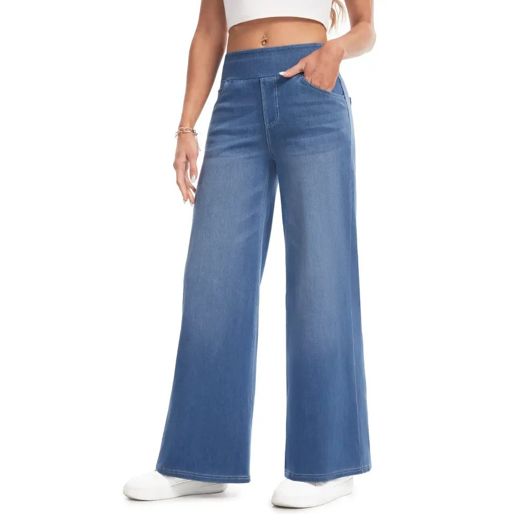 Wide Leg Stretchy Jeans for Women Loose Fit Elastic High Waist Pants