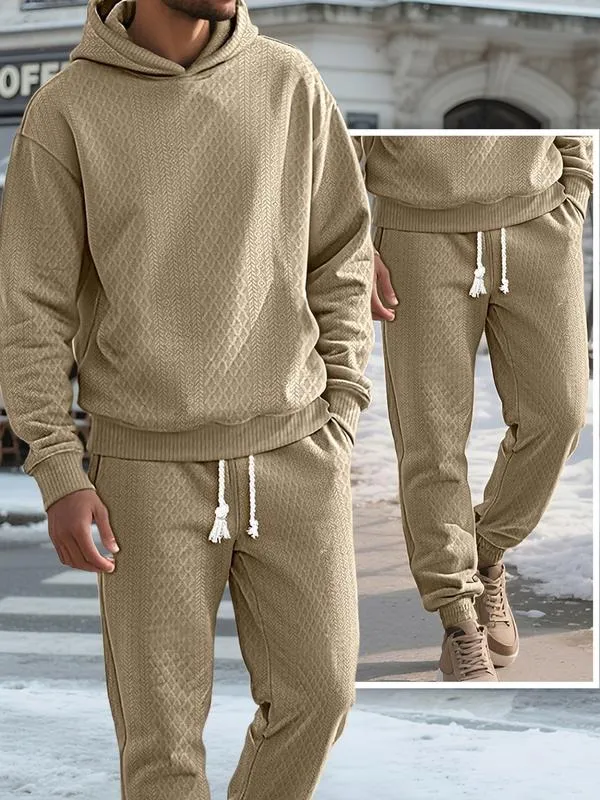 Two-piece men's solid color hooded sweatshirt and drawstring pants set