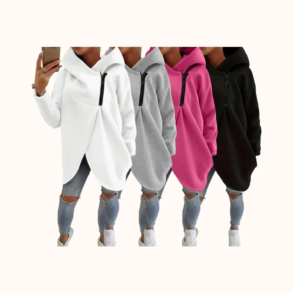Women's Plus Size Hooded Sweatshirt, Full Zip Fashion Design, Asymmetrical Hem