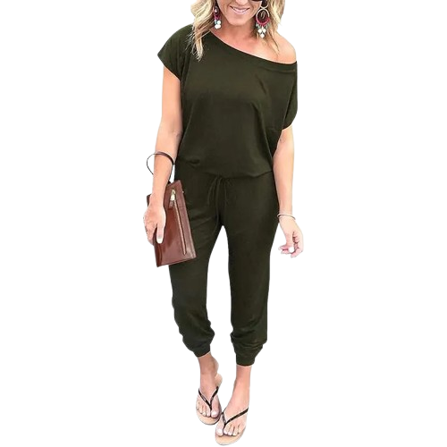 Women's Plus-Size Off-Shoulder Jumpsuit – Elastic Waist, Loose & Comfy Romper