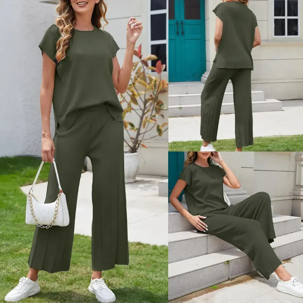 Lounge Sets for Women Two Piece Outfits Knit Cap Sleeve Tops Wide Leg Pleated Pants Casual Dressy Sweater Sets
