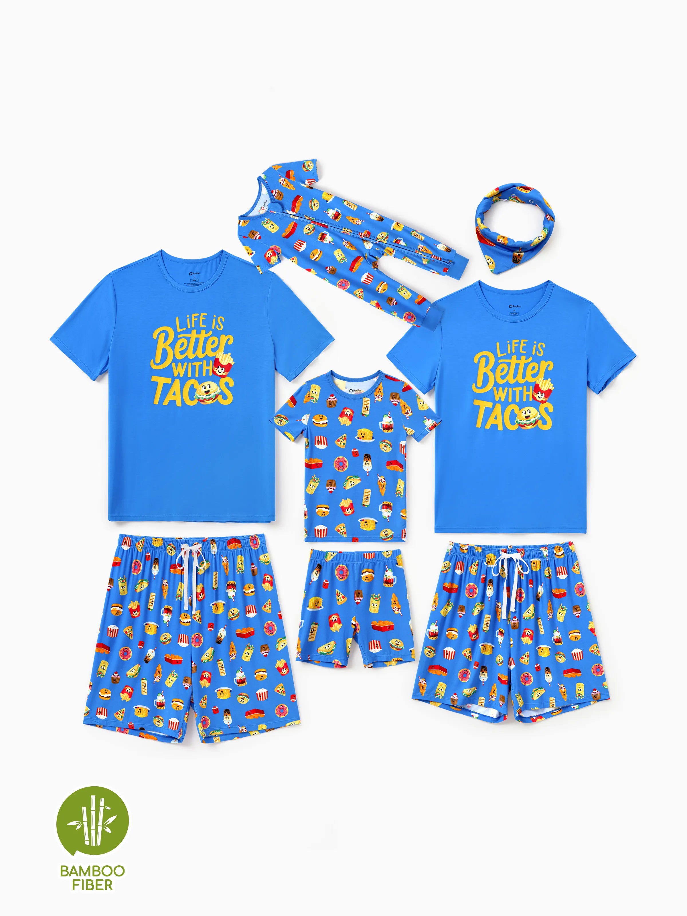Family Matching Bamboo Pajamas Buttery Soft Bamboo PJs for Men Women Kids Toddler, Cute Burger & Fries Print Short Sleeve Sleepwear (Snug-Fitting for Children) Royal Blue