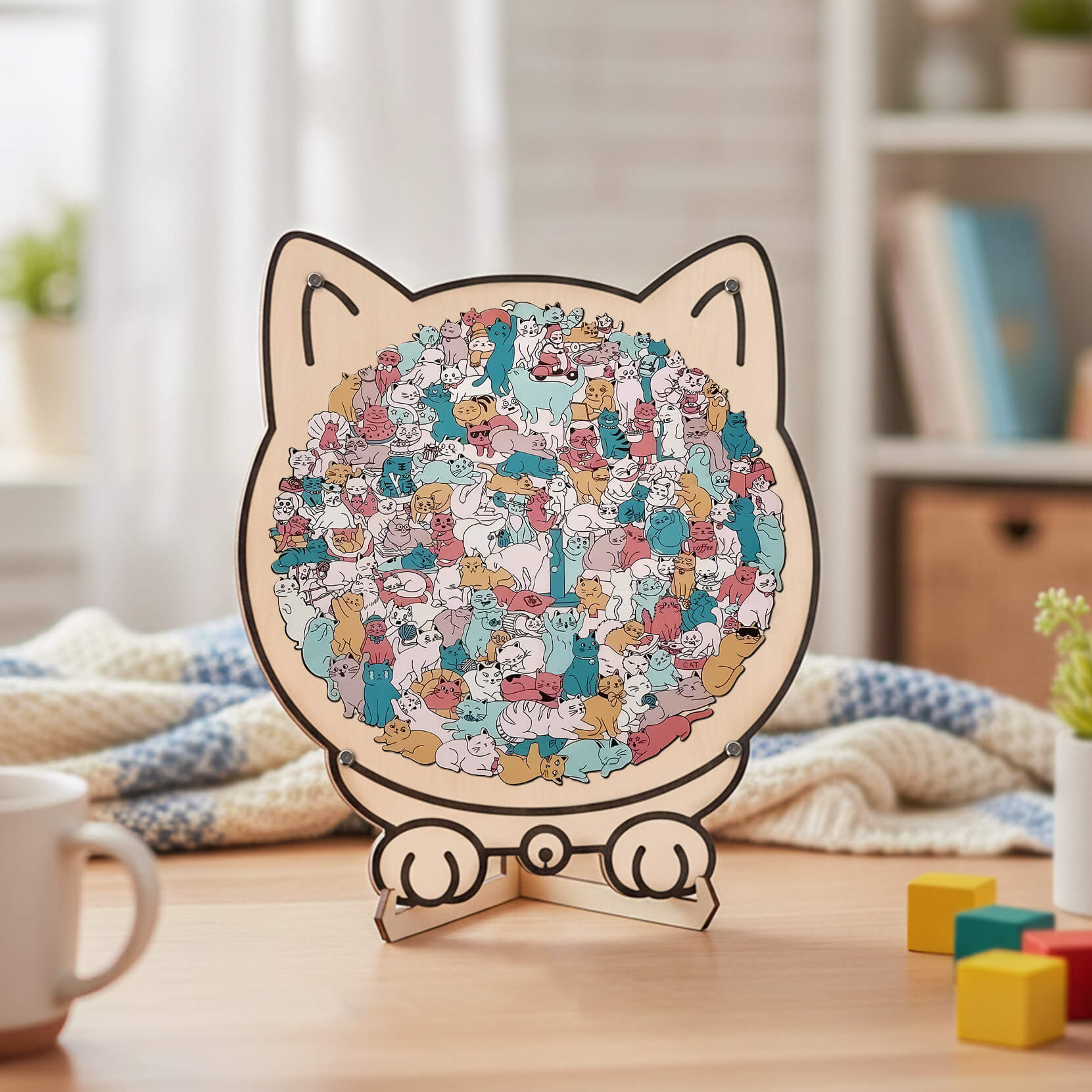 Morandi-Colored Cozy Cat Shaped Wooden Jigsaw Puzzle