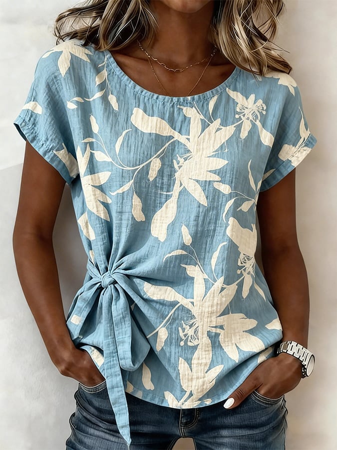 Women's Casual Round-Neck Printed Cotton-Linen Top