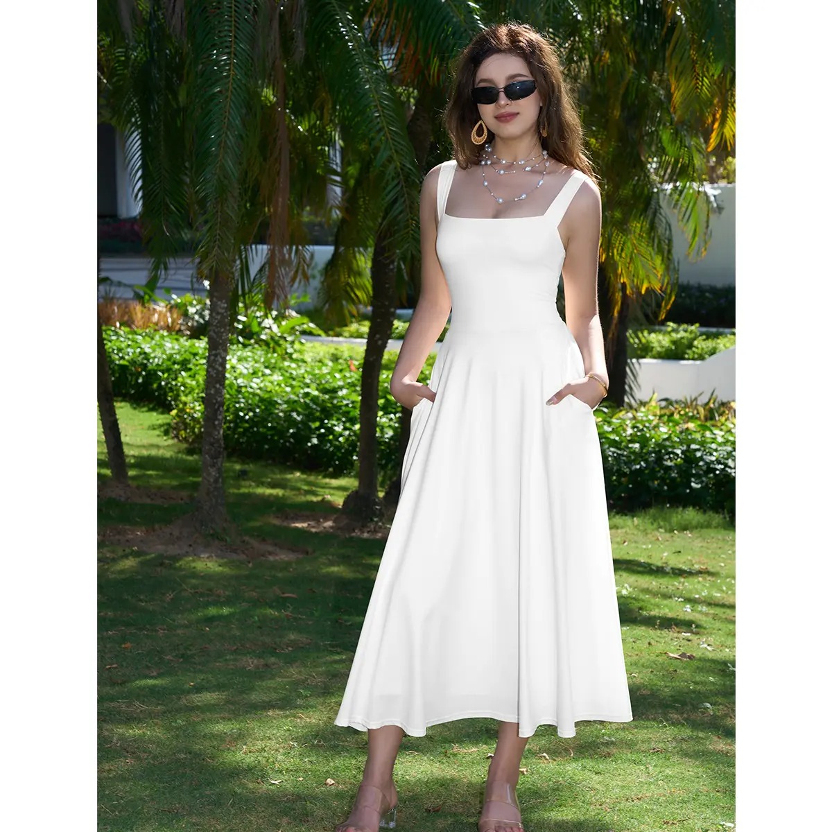 👗👗 Women’s Square Neck A-Line Flowy Dress with Pockets