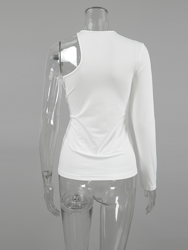 Asymmetric Knot Pleated Solid Color Long Sleeves Skinny Round-Neck T-Shirts Tops