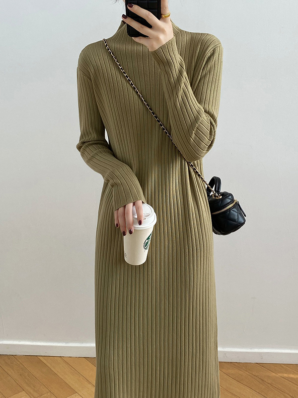 Fringed Solid Color Long Sleeves Loose Mock Neck Sweater Dresses Midi Dresses