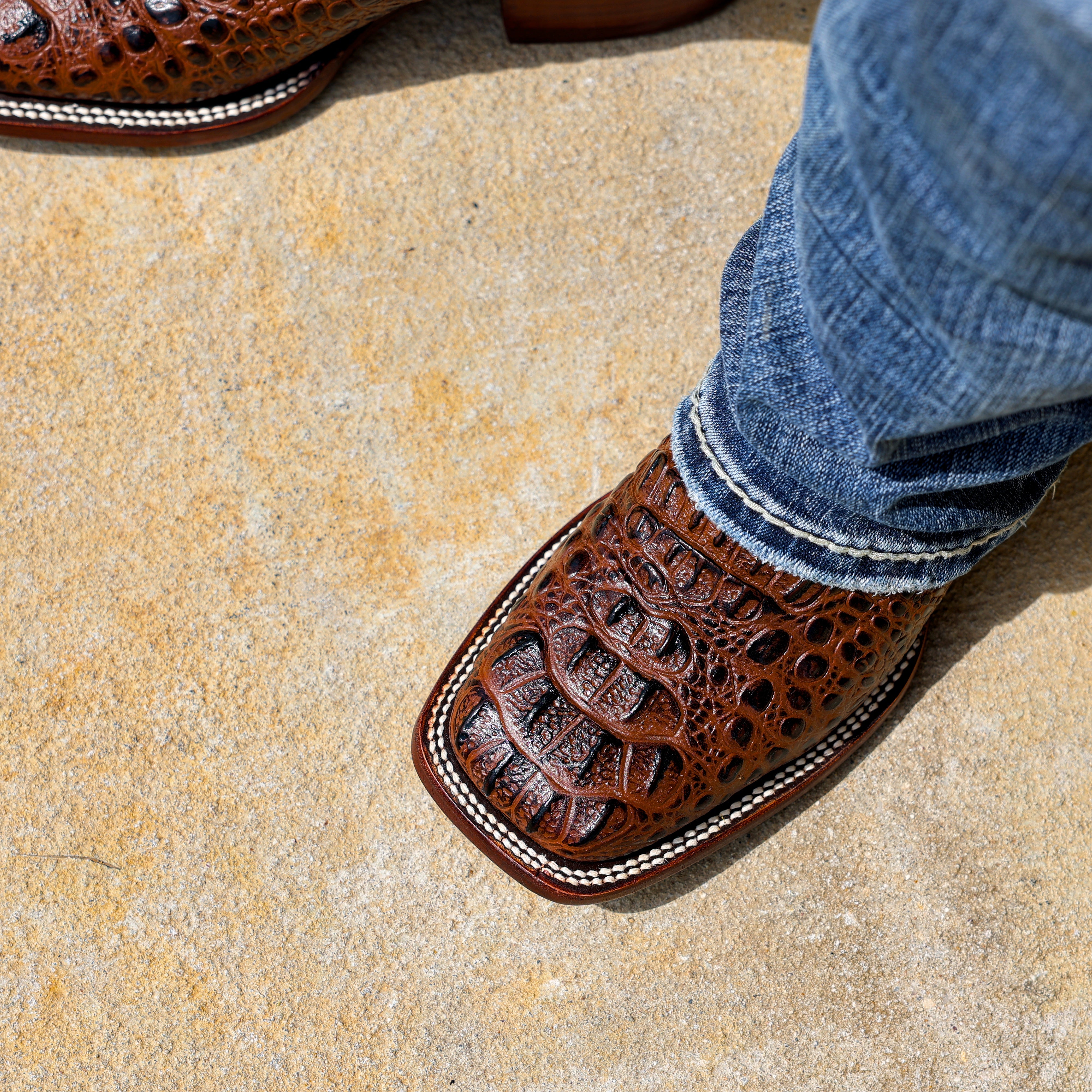Brown Caiman Neck Leather Boots - Square Toe
