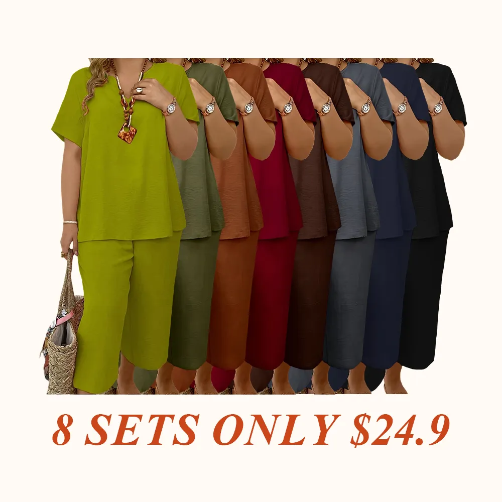 Women's Solid Color Short Sleeve Fashion Top & Casual Wide Leg Pants Set, Summer, Comfortable & Stylish