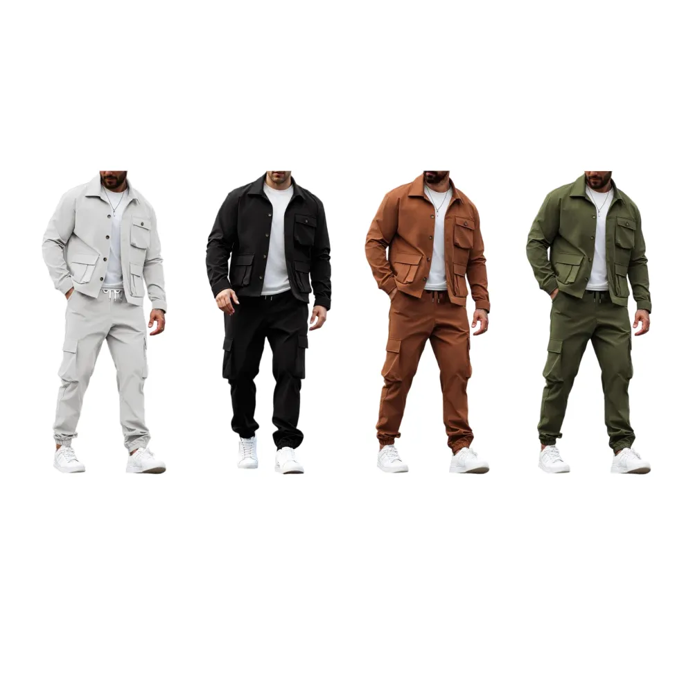 Men's Solid Color Pocket Button Front Jackets & Pants Two-Piece Set