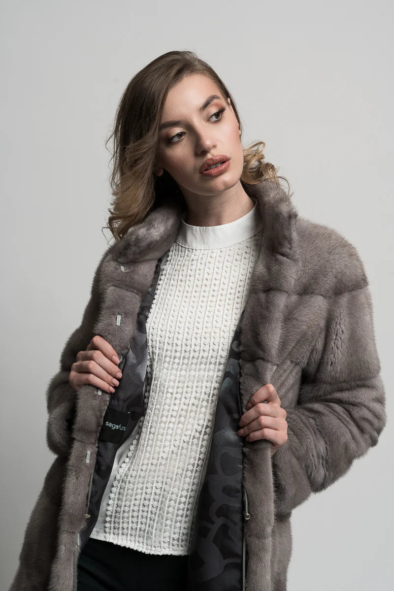 Haină din Blană Naturală de Vizon, Femei, Silver Blue 224