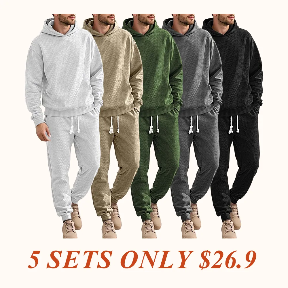 Two-piece men's solid color hooded sweatshirt and drawstring pants set