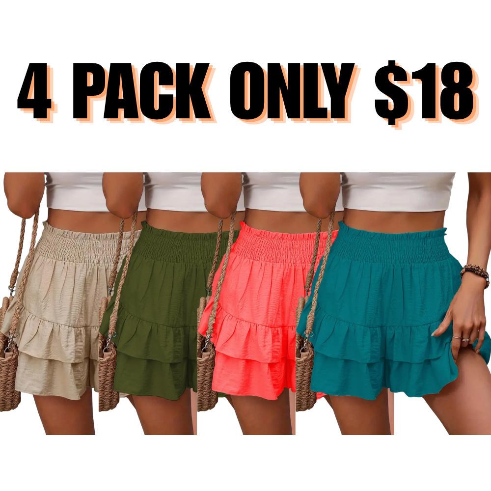 ✨Women's Frill Trim Ruffle Hem Shirred High Waist Shorts, Boho Casual Tiered Layer Shorts🩳