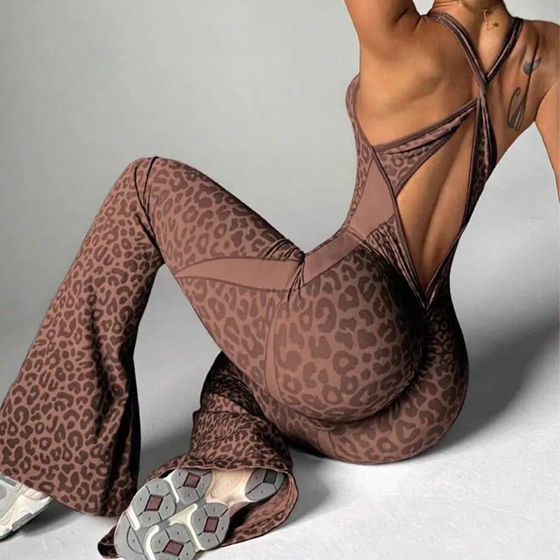 Women's Leopard Print Flared Workout Bodysuit