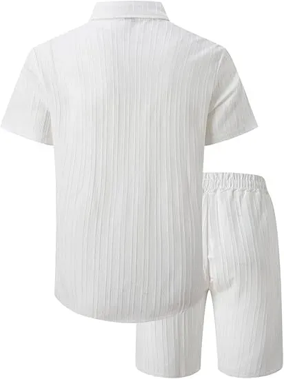 Men'S Solid Textured Short Sleeve Button Front Shirt & Pocket Drawstring Waist Shorts Two-Piece Set, Casual Summer Outfits Clothes Set For Men, Sets For Men Clothing, Menswear,  Summer Outfits Set