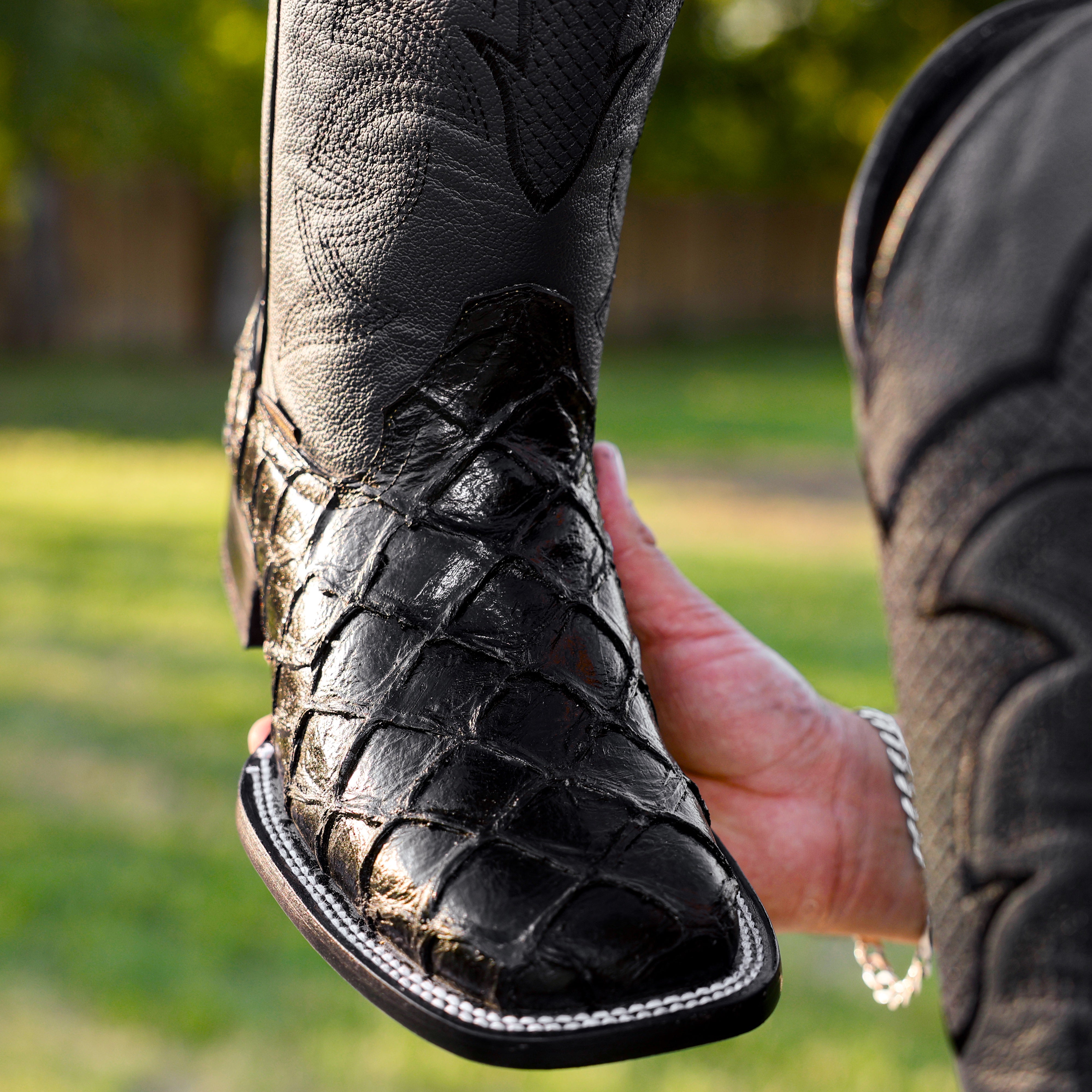 Black Pirarucu Leather Boots - Square Toe