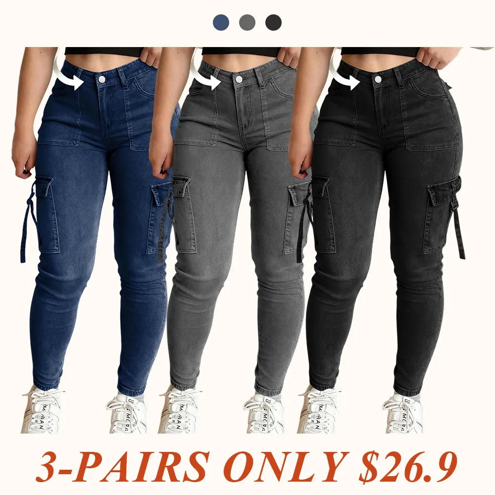 Women's Plain Multi-pocket Denim Cargo Pants