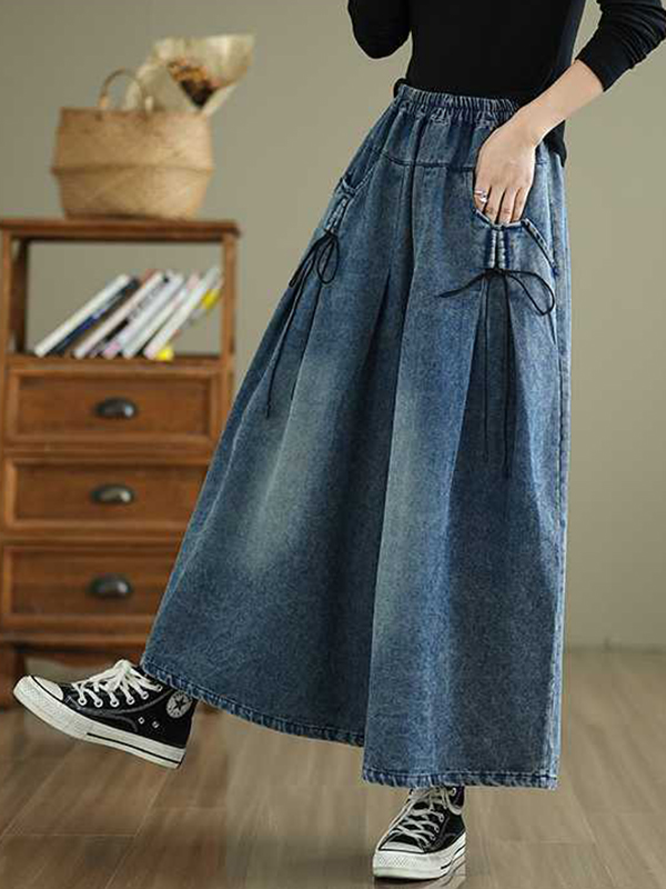 Elasticity Pleated Pockets High Waisted Loose Jean Pants Bottoms