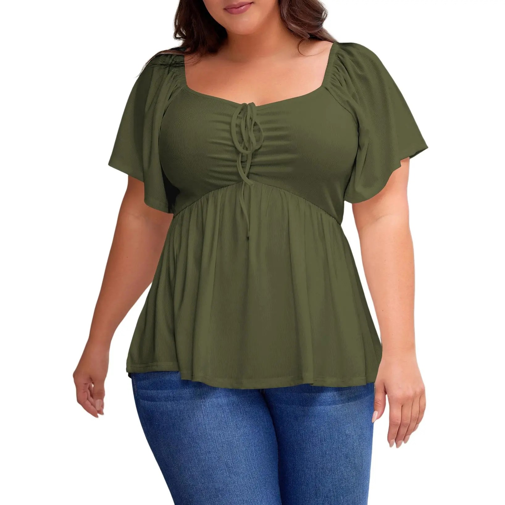 ⏰8 PACKS Women's Plus Size Sweetheart Neck Short Sleeve Shirred Peplum Blouse Tops Shirts(1X-5X)