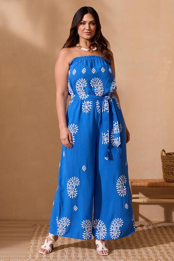 Plus Size Strapless Puff Paisley Jumpsuit