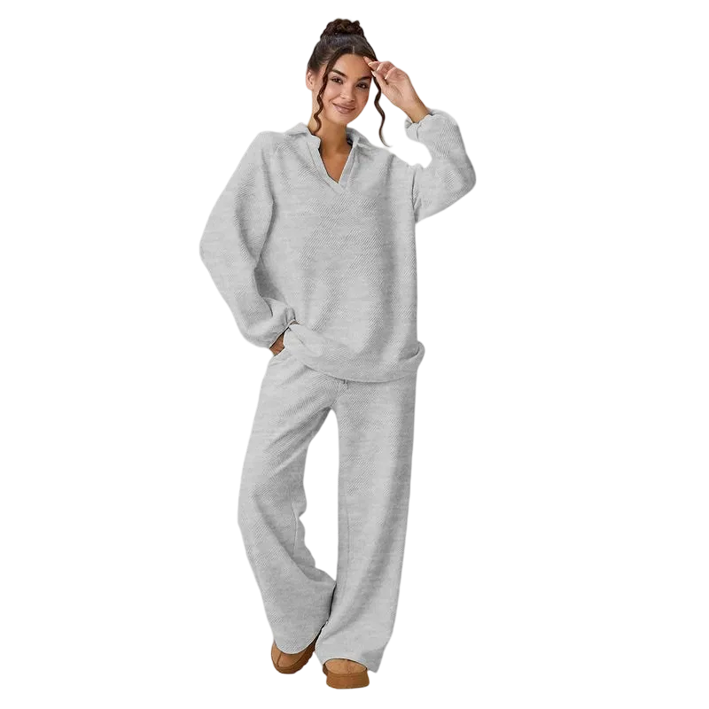 Women's loose-fitting V-neck textured pullover and drawstring waist pants set
